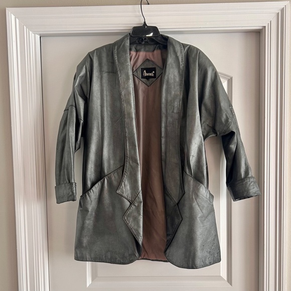 80s Vintage Avanti Leather Coat Blazer Open-Front Draped Metallic Grey Silver - Picture 6 of 11